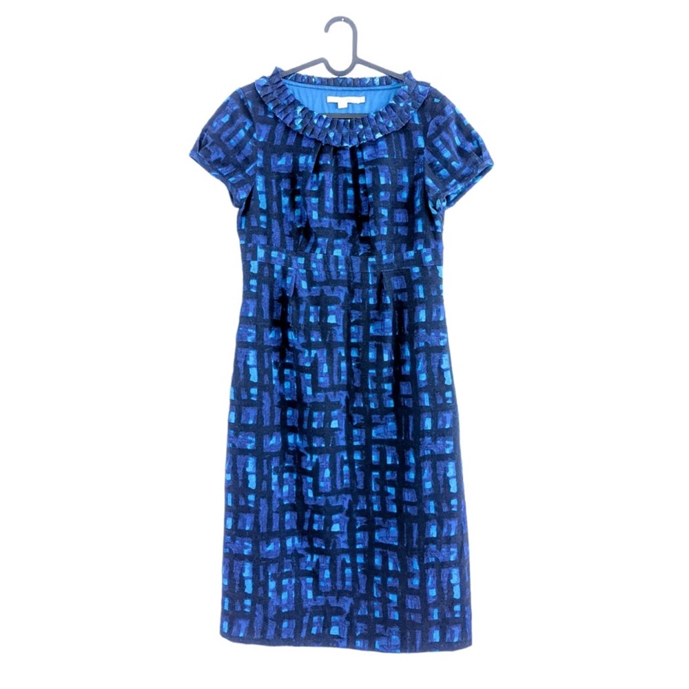 Boden Wool Abstract Short Sleeve Blue Shift Midi Dress Size 6 Long